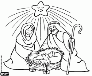 Jesus, Mary, Joseph and the star coloring page