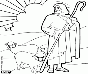 Jesus, the Shepherd with his sheep coloring page