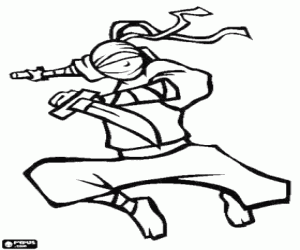 The jump of the ninja with a katana coloring page