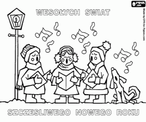 Kids and Christmas carols, in Polish coloring page