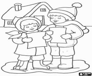 Kids and Christmas carols at street coloring page
