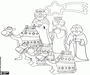 Kings, camels and Christmas star coloring page