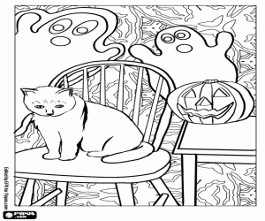 A kitten on Halloween night coloring page