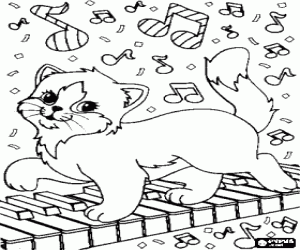 Kitten playing upon a piano coloring page