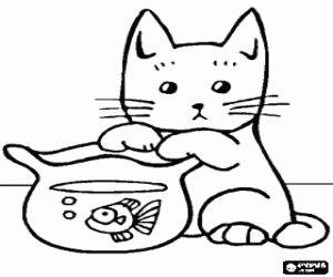 Kitten playing with a fishbowl coloring page