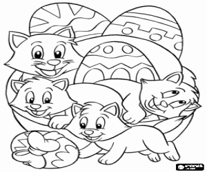 Kittens and Easter eggs coloring page