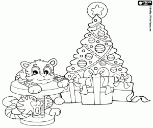 A kitty, toy and Christmas tree coloring page
