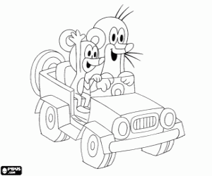 Krtek the mole and the mouse in jeep coloring page