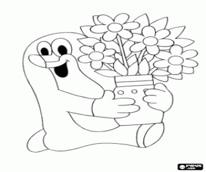Krtek the mole and a vase of flowers coloring page