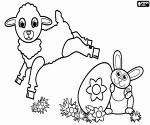 Lamb, rabbit and Easter egg coloring page