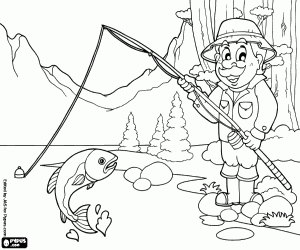 Landscape with a fisherman on a lake coloring page