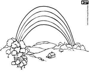 A landscape with a rainbow coloring page