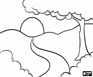 A landscape and a sunrise coloring page