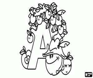 Letter A with a lot of apples coloring page
