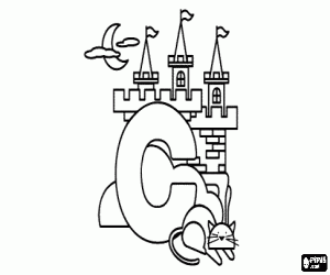 Letter C with a castle and a cat coloring page