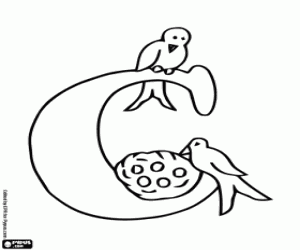 Letter C with two little birds and a nest coloring page