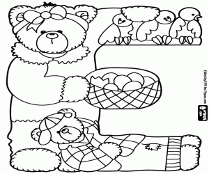 Letter E with two bears and birds coloring page