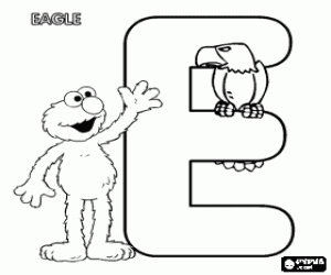 Letter E with Elmo and an eagle coloring page