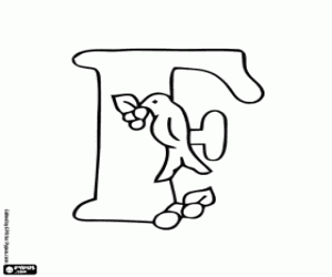 Letter F and a bird eating coloring page