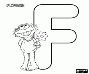 Letter F with Zoe and a flower coloring page