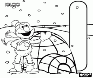 Letter I with Elmo beside an igloo coloring page