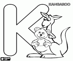 Letter K with a kangaroo and a baby bear coloring page