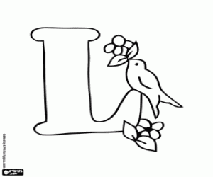Letter L and a bird with fruits coloring page