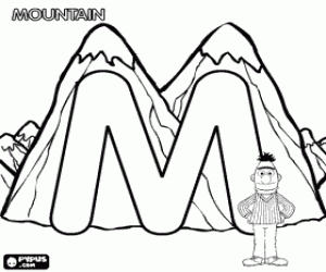 Letter M and Bert at the mountain coloring page