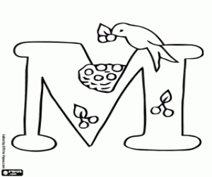 Letter M with a bird and a nest coloring page