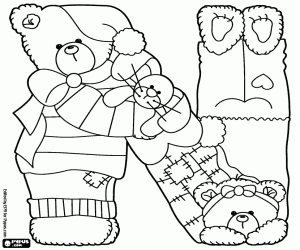 Letter N with bears, rabbit and blanket coloring page