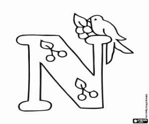 Letter N with a little bird coloring page