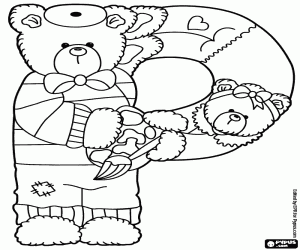 The letter P, two bears and a palette coloring page