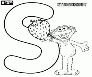 Letter S with Zoe and a strawberry coloring page