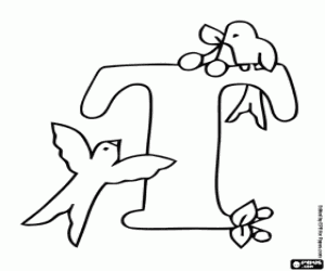 The letter T and two birds coloring page
