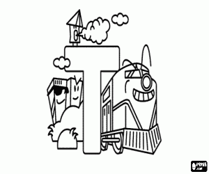 Letter T with a train coloring page