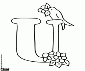 Letter U with a bird and flowers coloring page