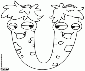 Letter U, a two-headed monster coloring page