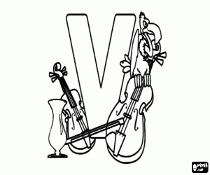 Letter V with various objects coloring page