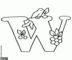 Letter W, birrd and small fruits coloring page
