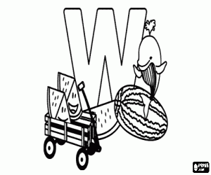 Letter W with whale and watermelons coloring page