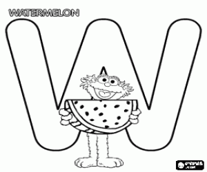 Letter W with Zoe and a piece of watermelon coloring page