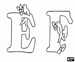 The letters E and F with two birds coloring page