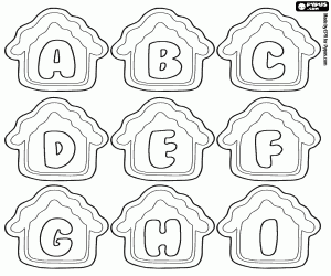 Letters from A to I in cookie house coloring page