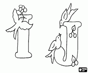 Letters I and J with three birdies coloring page