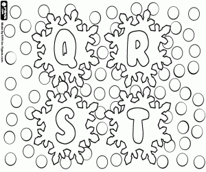 Letters in snowflakes Q, R, S, T coloring page