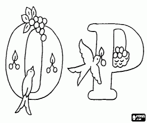 Letters O and P with fruit and birds coloring page