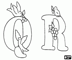 Letters Q and R with small birds coloring page