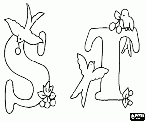 Letters S and T decorated with birds coloring page