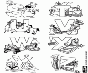 Letters S to Z, decorated alphabet coloring page