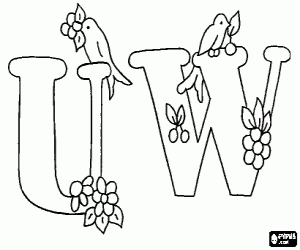 Letters U and W with little birds coloring page